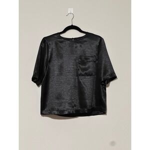 Who What Wear Black Satin Shimmer Textured Pocket‎ Short Sleeve Top XS